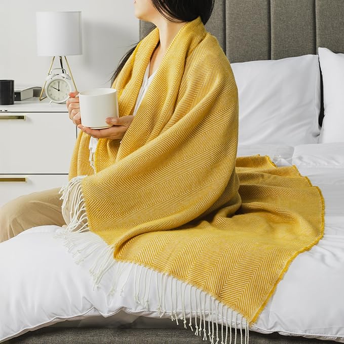 PAVILIA Yellow Herringbone Throw for Couch, Decorative Outdoor Accent Blanket, Faux Cashmere, Lightweight, 50x60