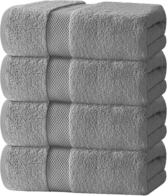 White Classic Luxury Bath Towels Set of 4 Large - 700 GSM Cotton Ultra Soft Bath Towels 27x54 | Highly Absorbent and Quick Dry | Hotel Towels for Bathroom Luxury, Plush Shower Towels, Light Grey