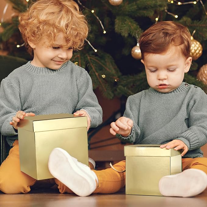 UNIQOOO 5PCS Metallic Gold Nesting Gift Boxes Set, Square Cardboard Storage Organizer Keepsake Box with Lid Durable Reusable, for Gift Wrapping Holiday Presents Christmas Birthday, Assorted Size