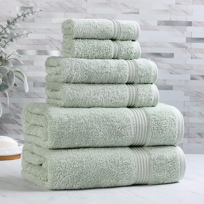 Superior Egyptian Cotton 6-Piece Towel Set, Bathroom Essentials, Towels For Bathroom, Apartment, Airbnb, Guest Bath, Face, Hand, Bath Towels, Washcloths, Absorbent, Fast Drying, Sage