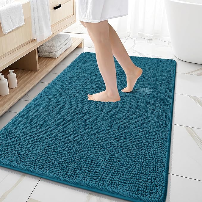 OLANLY Bathroom Rugs 59x35, Extra Soft Absorbent Chenille Bath Rugs, Rubber Backing Quick Dry, Machine Washable Bath Mats for Bathroom Floor, Tub and Shower, Home Decor Accessories, Peacock Blue