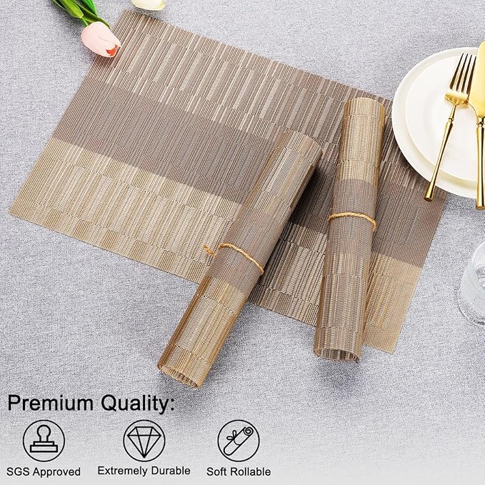 Placemats Set of 8, Vinyl Woven Place Mats Indoor Set of 8 Washable Wipeable PVC Table Mats Heat-Resistant Non Slip Plastic Placemat for Kitchen Dining Outdoor Table (Gray Gold, Set of 8)