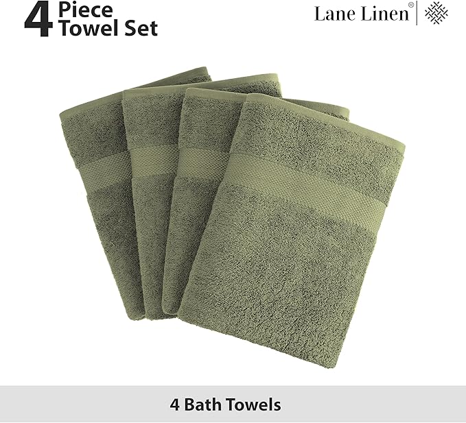 Lane Linen 100% Cotton 4 Pack Bath Towels (28"x54") - Zero Twist, Mercerized Cotton Bathroom Towels Set - Quick Dry, Very Soft & Absorbent Large Bath Towels - Tumble Dry Regains Fluffiness - Oil Green