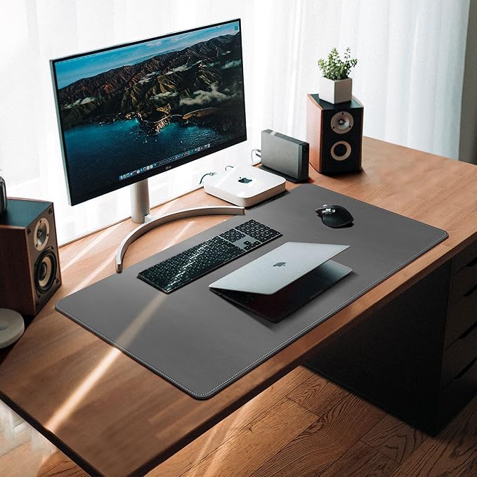 CENNBIE Leather Desk Mat,39.3x19.6 Extra Large Desk Pad Blotter Protector, Extended Non-Slip Mouse Pad, Waterproof PU Leather Desk Mat on top of desks Large for Office and Home (Grey)