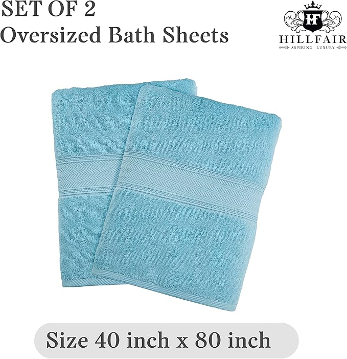 HILLFAIR 600 GSM- 40 x 80 Inches- 100% Cotton 2 Pc XXL Oversized Bath Towel Set- Soft Highly Absorbent Jumbo Bath Sheets Towels Sets- Quick Dry Oversized Bath Towel Sets For Hotel Spa Pool- OCEAN BLUE