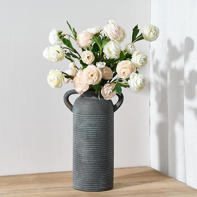 10.16" Tall Ceramic Rustic Vase for Home Decor, Terracotta Vase with Handles, Handcrafted Vintage Decorative Flower Vase for Farmhouse, Living Room, Table, Fireplace, Nightstand- Black Bronze