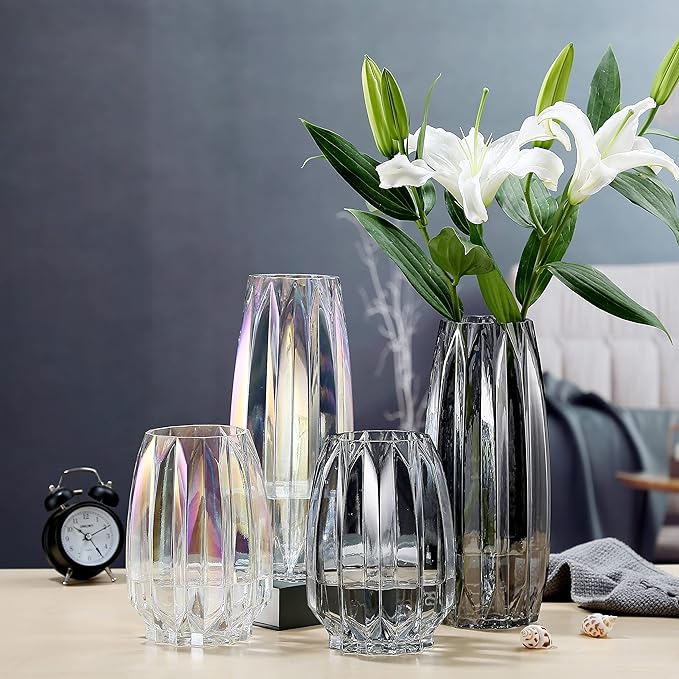 Colored Glass Vase Modern Ribbed Glass Vase for Flowers, Candles, and Decorative Accents - Tall/Short Glass Vase for Centerpieces Home Table Decor(Colored H7.87inch)