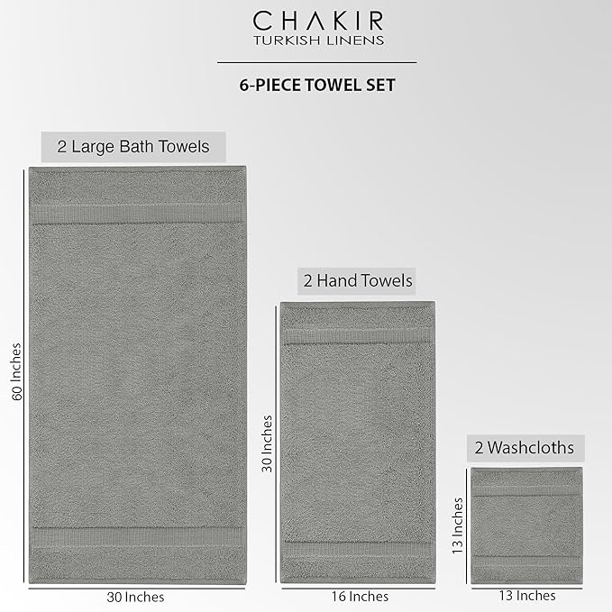 Chakir Turkish Linens 100% Cotton Premium Turkish Towels for Bathroom, 2 Large Bath Towels, 2 Hand Towels, 2 Washcloths (6-Piece Towel Set, Gray)