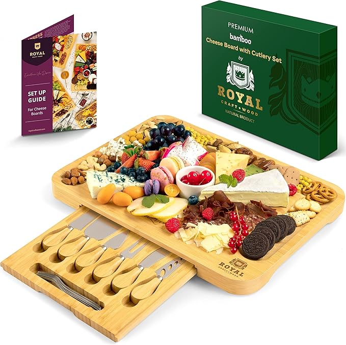 ROYAL CRAFT WOOD Extra Large Cheese Board - Bamboo Cheese Board and Knife Set - Charcuterie Board Set, Charcuterie Platter & Serving Tray