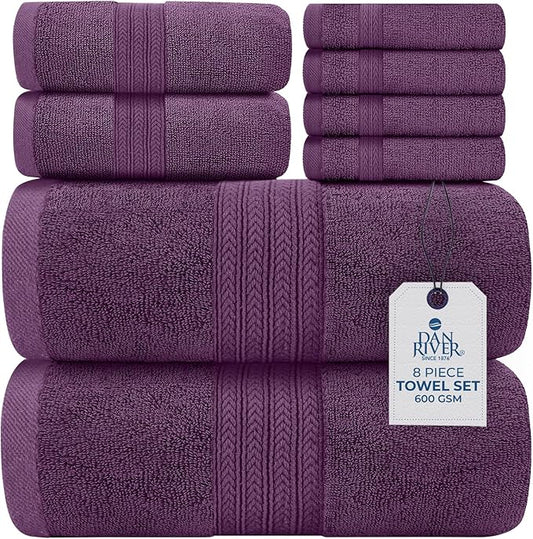 DAN RIVER 8 PC Luxury Bath Towels for Bathroom, 2 Bath, 2 Hand, and 4 Wash Cloths, 600 GSM 100% Ring Spun Cotton Towel Set, Highly Absorbent, Gym, Hotel, and Spa, Purple