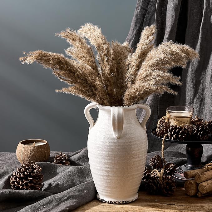 White Ceramic Vase with 4 Handles, 10.16" Tall Retro Ice Cracked Flower Vase, Antique Vases for Modern Farmhouse Home Decor, Wedding, Living Room, Table, Shelf Decor, Cracked White