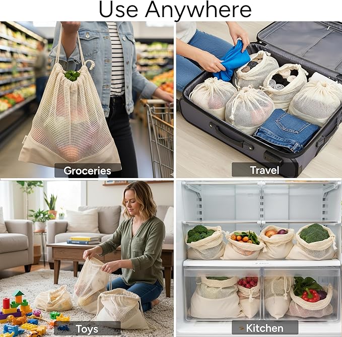 LEAFICO Reusable Produce Bags – 100% Cotton Mesh & Solid Hybrid (XL 14x18 inch 6 Pcs) – Extra Large Bags for Potatoes, Laundry, Toys, Bulk Storage – Washable, Plastic-Free, Breathable, Zero Waste