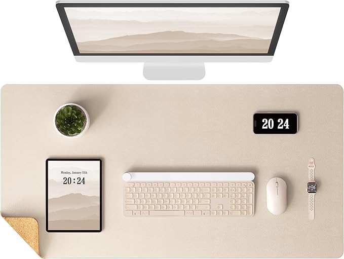 Aothia Dual-Sided Desk Mat - Natural Cork & Leather Desk Protector, Large Mouse Pad, Waterproof Blotter, Writing Pad for Office/Home, Beige (25.6"x13.7")