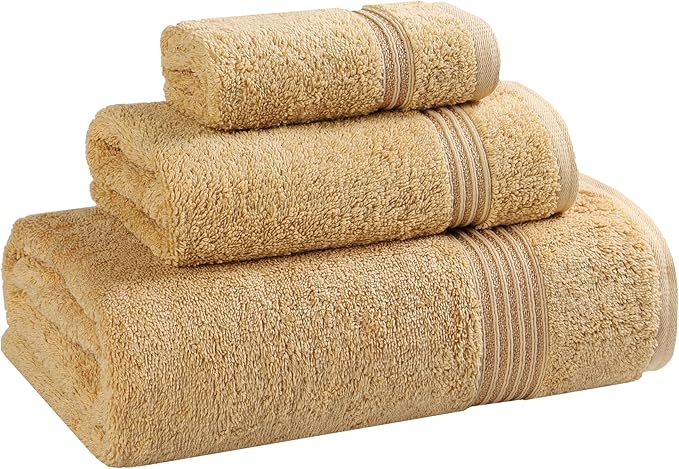 Superior Egyptian Cotton 3-Piece Towel Set, Basic Towels For Bathroom, Home Decor, Guest Bath, Shower, Apartment, Included 1 Face, 1 Hand, 1 Bath Towel, Washcloth, Quick Dry, Gold
