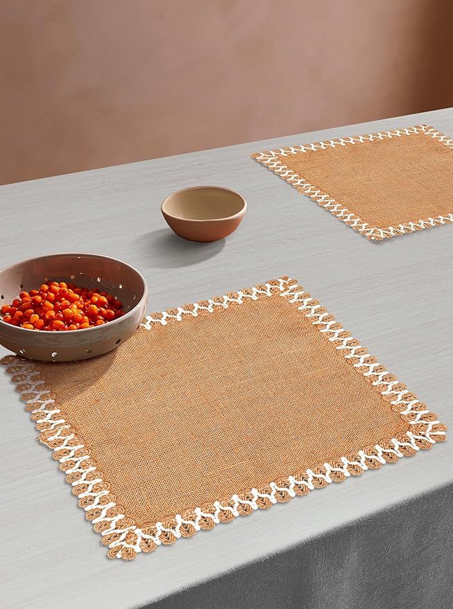 Hausattire Jute Burlap Placemat 13x19 Inches - Natural, Lace Design Edges Table Mats for Bar Table Indoor Outdoor Rustic Thanksgiving Farmhouse Kitchen Coffee Dinner Table Decor Mats - Set of 4
