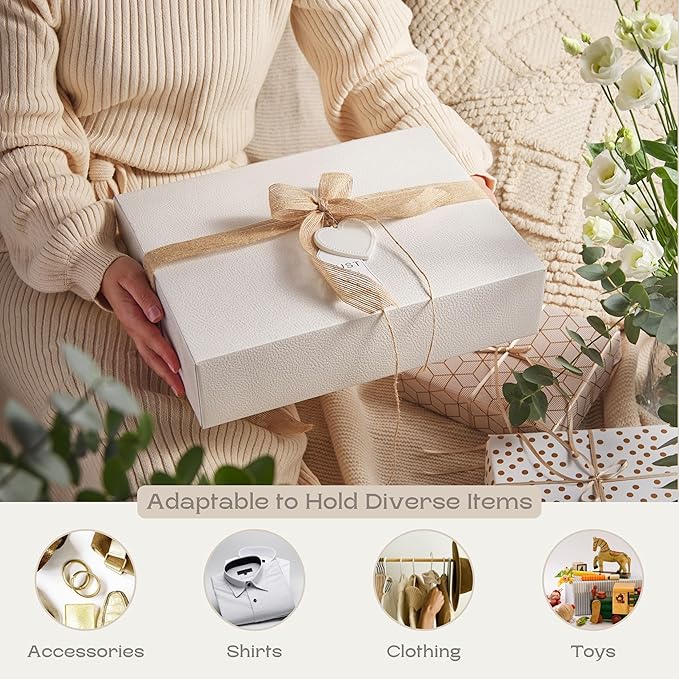 Pack of 10 Gift Boxes for Presents (13.77 x 11 x 3.14 inch) - Ideal for Bridesmaid Proposal Boxes and Wedding Gift Boxes | White Leather