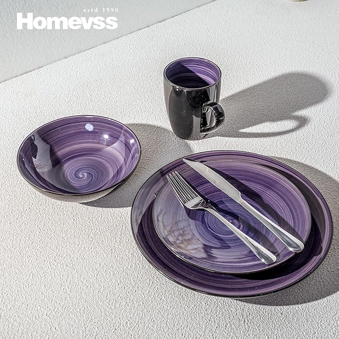Sonoma 16-Piece Dinnerware Set - Serves 4, Black and Speckled Purple Plates & Bowls Set | Microwave & Dishwasher Safe, Spinwash Purple