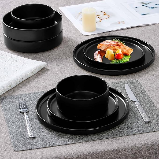 Herogo Dinnerware Sets with Pasta Bowls for 6, 24 Piece Dinner Salad Plates and Cereal Serving Bowls, Stoneware Dishes Dinner Ware for Home Kitchen, Dishwasher & Microwave Safe, Matte Black