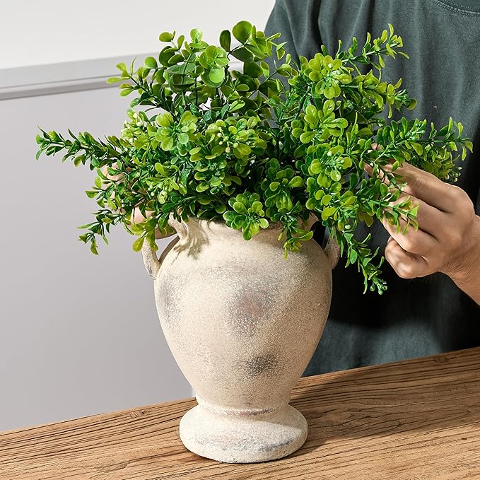 Ceramic Rustic Flower Vase with Handles, 8.46 Inch Tall Vintage Pottery Home Decor, Farmhouse Terracotta Vase for Living Room, Table, Shelf, Mantel Decoration, Farmhouse- Brown