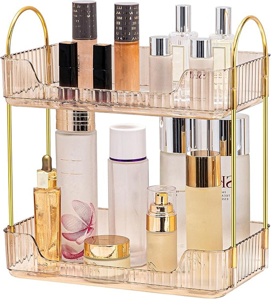 2 Tier Bathroom Organizer Countertop Makeup Perfume Tray Skincare Organizer for Bathroom Dresser Vanity (Gold)