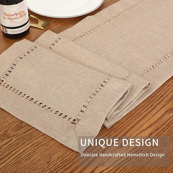 Tosewever Decorative Hemstitch Linen Table Runner Farmhouse Style Tabletop Collection Handcrafted Table Runners for Everyday Dining Wedding Party Holiday Home Decor (14 x 72 Inches, Light Coffee)