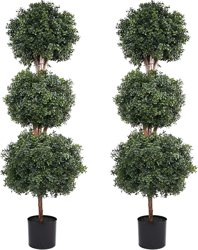 Artificial Topiaries Ball Tree Outdoor, 4.8ft Fake Topiary Triple Ball Boxwood Trees(2 Pieces), Faux Shrubs Plants Potted Artificial Tree Green Decorative Indoor Porch or Garden 57inch