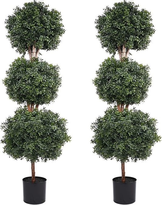 Artificial Topiaries Ball Tree Outdoor, 4.8ft Fake Topiary Triple Ball Boxwood Trees(2 Pieces), Faux Shrubs Plants Potted Artificial Tree Green Decorative Indoor Porch or Garden 57inch