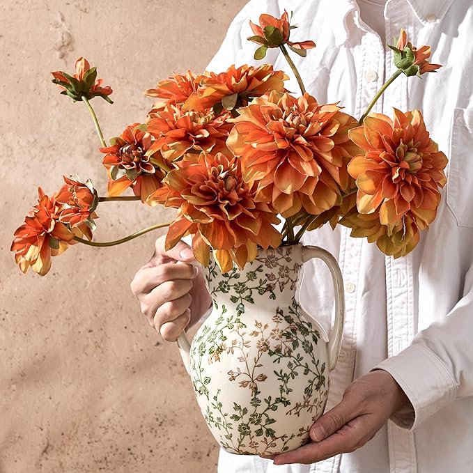 Green and Beige Farmhouse Vintage Vase with 2 Handles, Chinoiserie Floral Vase, Rustic Ceramic Vases for Home Decor, Wedding, Living Room, Table, Shelf Decor - 8.3 Inch Tall