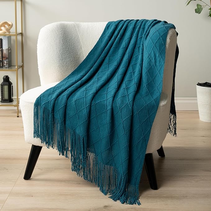 PAVILIA Teal Blue Knit Throw Blanket for Couch, Twin Bed, Soft Knitted Farmhouse Sofa Throw for Living Room, Lightweight Decorative Summer Blanket for Chair, Outdoor Textured Boho Blanket, 60x80