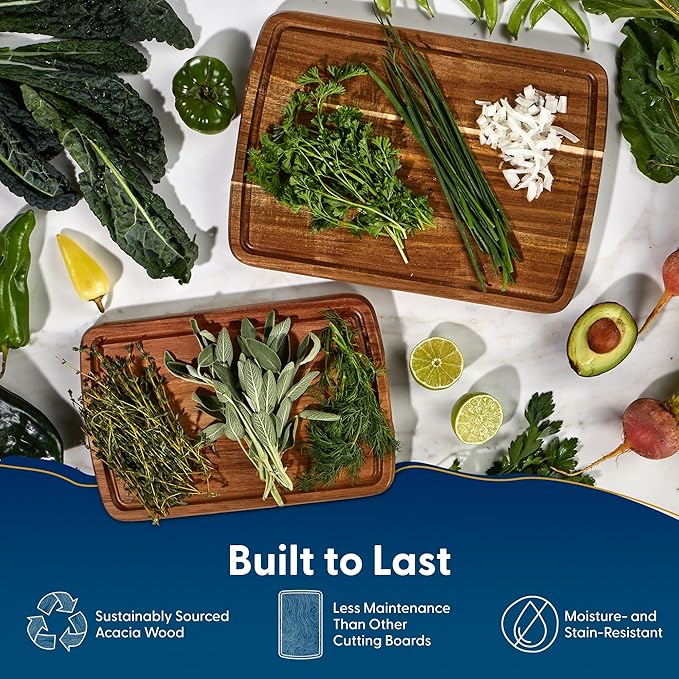 Set of 2 Sonder Los Angeles Acacia Wood Cutting Boards with Juice Groove, Gift Box Included - Small & Medium Sizes: 14x10x1in & 12x8x1in. Ideal for Meat, Vegetables, and Organic Produce Sustainable