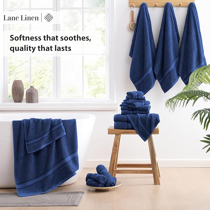 LANE LINEN 100% Ring-Spun Cotton Bath Towel Set of 18 – Zero Twist Shower Towels, 6 Bath, 6 Hand Towel & 6 Washcloths, Quick-Dry, Luxuriously Soft & Durable, Perfect for Everyday use – Navy