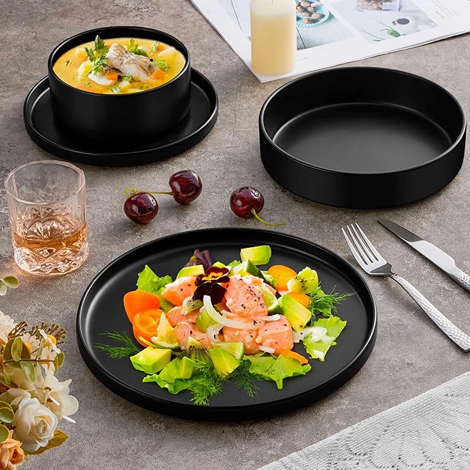 Herogo Dinnerware Sets with Pasta Bowls for 6, 24 Piece Dinner Salad Plates and Cereal Serving Bowls, Stoneware Dishes Dinner Ware for Home Kitchen, Dishwasher & Microwave Safe, Matte Black