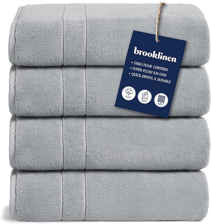 Brooklinen Super-Plush Turkish Cotton Bath Towel Set - Includes 4 Bath Towels Cotton, 820 GSM, Highly Absorbent, Machine Washable, Perfect for Home & Bathroom (Smoke Grey)