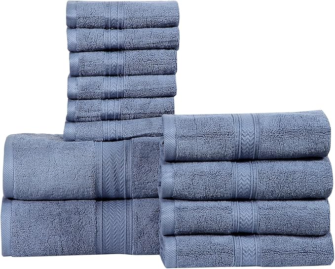 HILLFAIR 12 Piece- 600 GSM Cotton - Hotel Spa Towels Set- 2 Bath Towels, 4 Hand Towels, 6 Washcloths- Absorbent Super Soft Cotton Towels Set- Blue- 100% Cotton