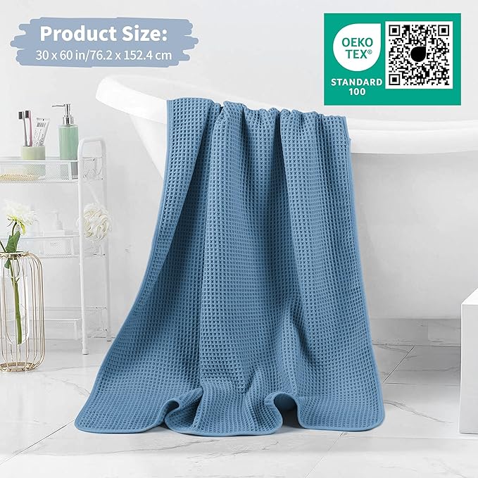 New Microfiber Waffle Bath Towels, 2 Pieces, Oversized, Soft, Absorbent, Fast Drying, Lint Free (Blue)