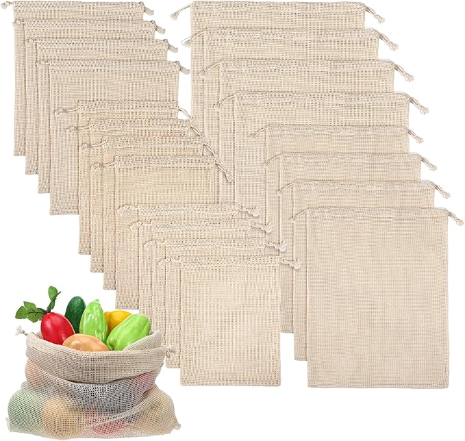 20 Pack Reusable Cotton Mesh Produce Bags Washable Grocery Vegetable Bags with Drawstring Farmers Market Bag for Grocery Shopping Fruits Storage Transporting Storing (4XXL,4XL,4L,4M,4S)