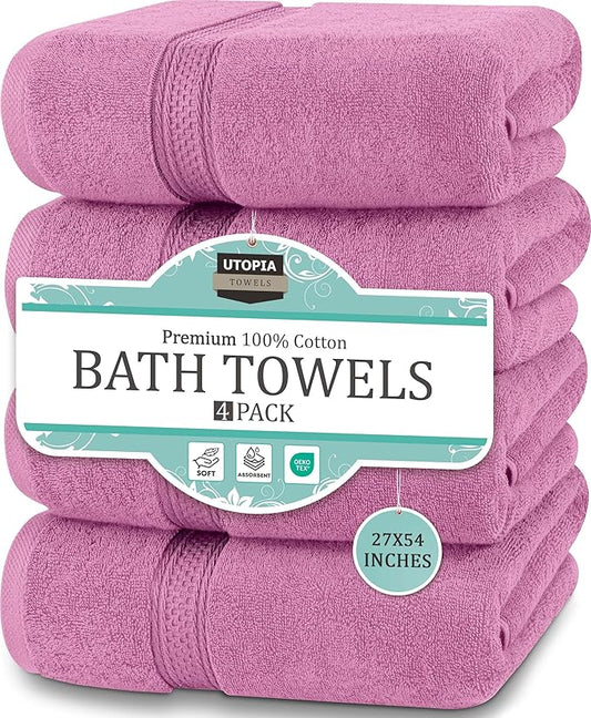 Utopia Towels 4 Pack Premium Bath Towels Set, 27 by 54 Inches, 100% Ring Spun Cotton 600GSM, Lightweight and Highly Absorbent Quick Drying Towels, Perfect for Daily Use, Pink