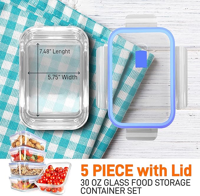 NutriChef 10-Piece Superior Glass Food Storage Containers Set (5 Containers + 5 Locking Lids),Stackable Meal-prep Design, BPA-free Airtight Clear Locking lids with Vent Lids & Air Hole, Blue