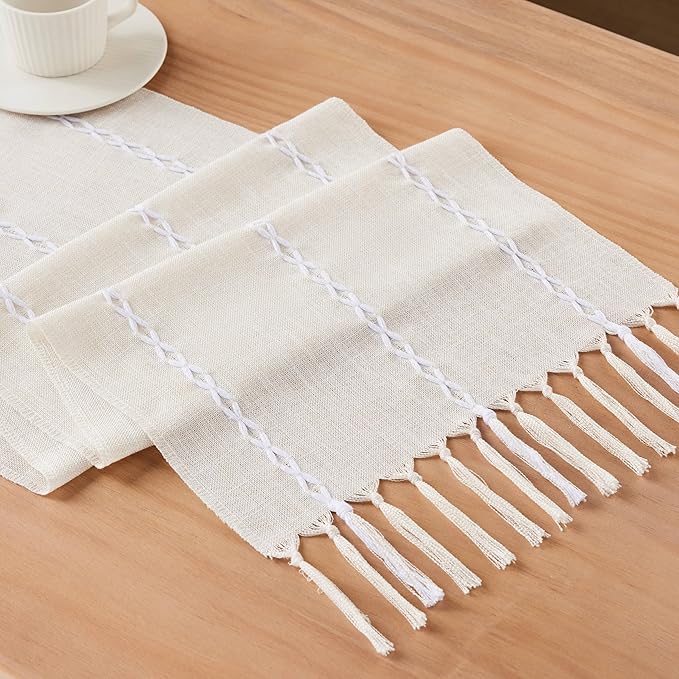 Braided Farmhouse Table Runner, Braided Beige 13x108 Inch, Cotton Linen Table Runners 108 Inches Long, Embroidered Striped Beige Boho Table Runner Rustic Home Decor
