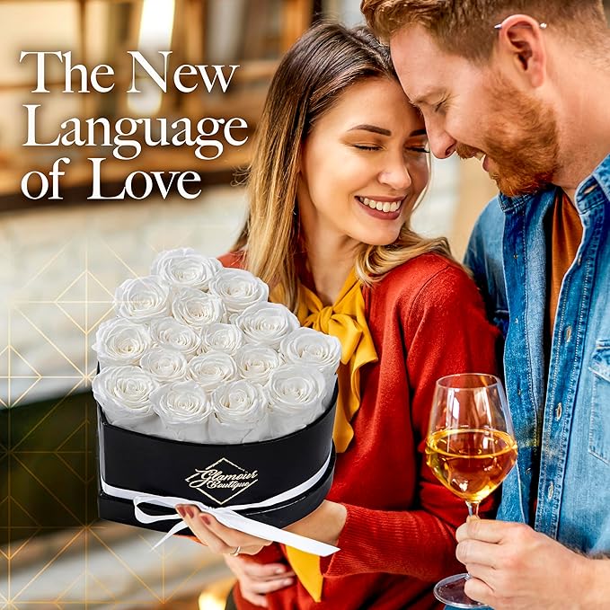 GLAMOUR BOUTIQUE 16 Flower Forever Heart Shape Box - Preserved Roses Gift for Her, Preserved Flowers, White