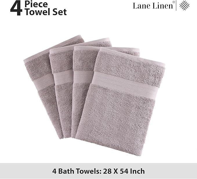 Lane Linen 100% Cotton Bath Towels Set of 4 (28"x54") - Ring Spun Mercerized Cotton Bathroom Towel Set - Quick Dry, Very Soft & Absorbent Large Bath Towels - Mininmal Linting after 3 Washes - Platinum