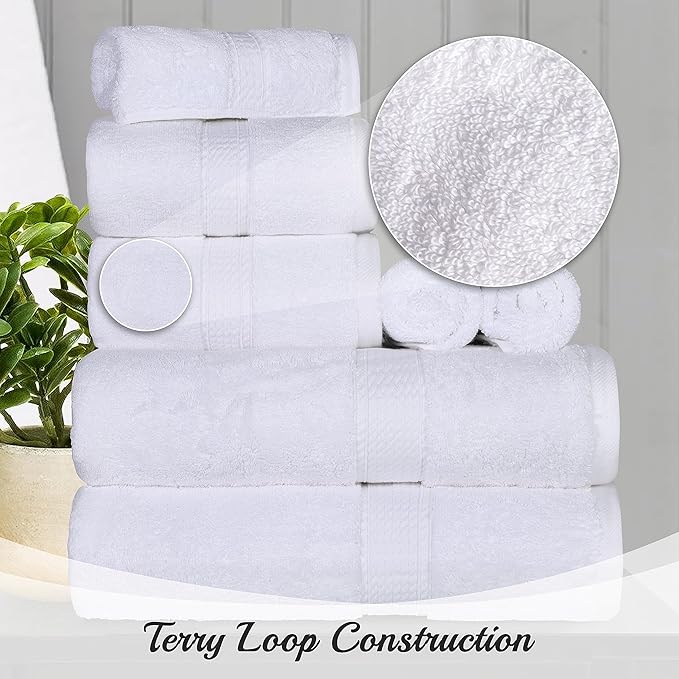 BNM Egyptian Cotton Heavyweight Towels, Ideal For Bathroom, Shower, Spa, Hotel, 800 GSM, Face/ Washcloths, Hand Towels, Bath Towels, Highly-Absorbent, Luxury Home Basics, 9 Piece Towel Set, White