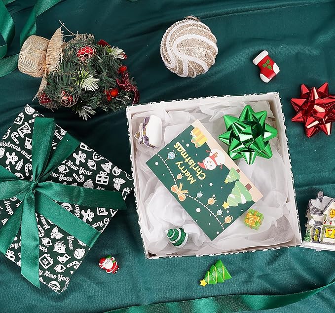 Jaywayang 5 Pack Green Christmas Gift Boxes with Lids, Ribbons and Tissue Papers Square Gift Boxes - 7.1 Inch - Presents Wrapping Christmas Gift Holiday New Year Party Favor Boxes.