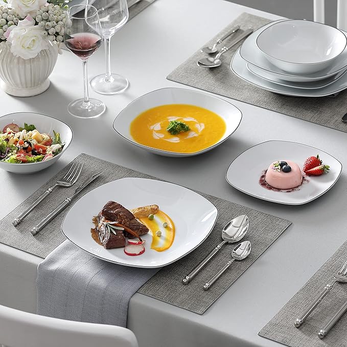 MALACASA Dinnerware Sets, 24 Piece Porcelain Square Dishes, White with Black Rim Plates and Bowls Sets, Ceramic Dish Set for 6, Chip Resistant Dishware Sets, Series ELISA