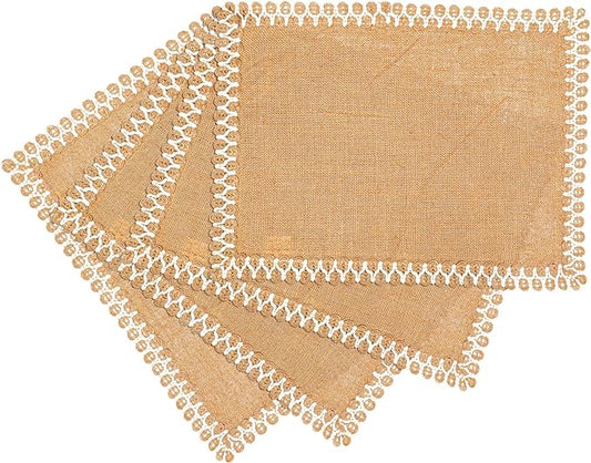 Hausattire Jute Burlap Placemat 14x14 Inches - Natural, Lace Design Edges Table Mats for Bar Table Indoor Outdoor Rustic Thanksgiving Farmhouse Kitchen Coffee Dinner Table Decor Mats - Set of 4