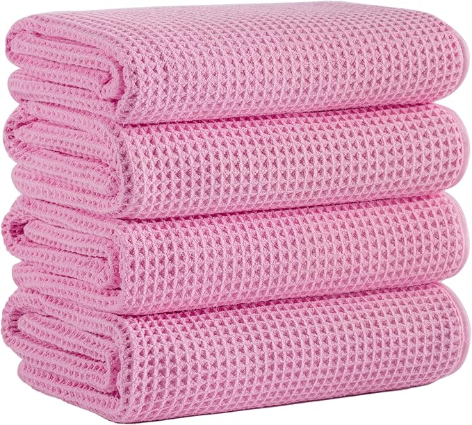 Microfiber Waffle Bath Towels, 4 Pieces, Soft, Absorbent, Fast Drying, Lint Free (Pink)