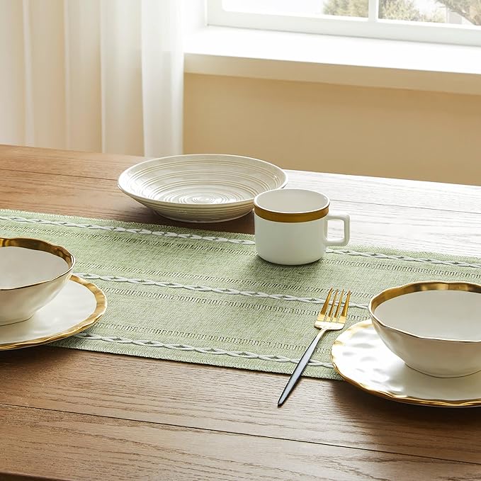 Hemstitched Farmhouse Table Runner, Sage Green 13x60 Inch, Cotton Linen Table Runners 60 Inches Long, Embroidered Striped Sage Green Boho Table Runner Rustic Home Decor