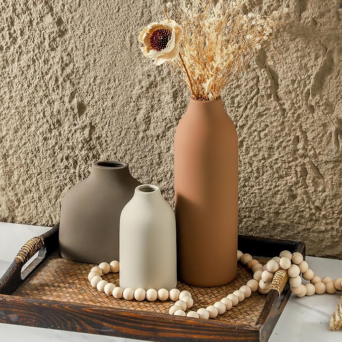 Ceramic Vase Set of 3,Flower Vase Home Decor,Rustic Modern Farmhouse Decor Pottery Vases, Pampas Grass Dried Fresh Flowers,Bedroom,Living Room,Bookshelf Decoration, Centerpiece Table Decor,Boho Decor.