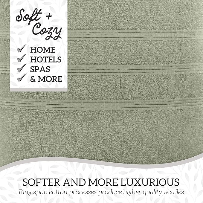 Luxury 8-Piece 100% American Combed Cotton Towel Set Includes 2 Extra Large Bath Towels, 2 Hand Towels, and 4 Washcloths Ringspun Cotton is Extra Absorbent and Super Soft (Green)