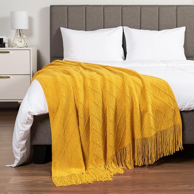 PAVILIA Mustard Yellow Knit Throw Blanket for Couch, Twin Bed, Soft Knitted Farmhouse Sofa Throw for Living Room, Lightweight Decorative Fall Blanket for Chair, Outdoor Textured Boho Blanket, 60x80